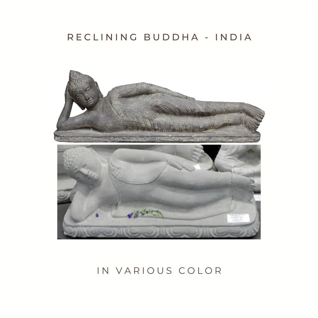  Product image 1 of the product “Reclining Buddha - India, cast stone, handcrafted & coloured, in the sizes from 40cm to 100cm. Natural, Antique finish, Antique finish light ”